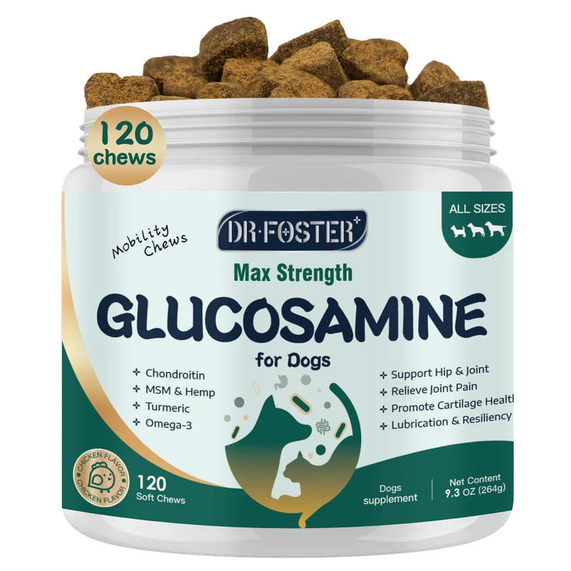 DRFOSTER Glucosamine pour chiens – Soutien des articulations avec chondroïtine, MSM, curcuma, oméga-3 et calcium, saveur poulet, 120 bouchées molles