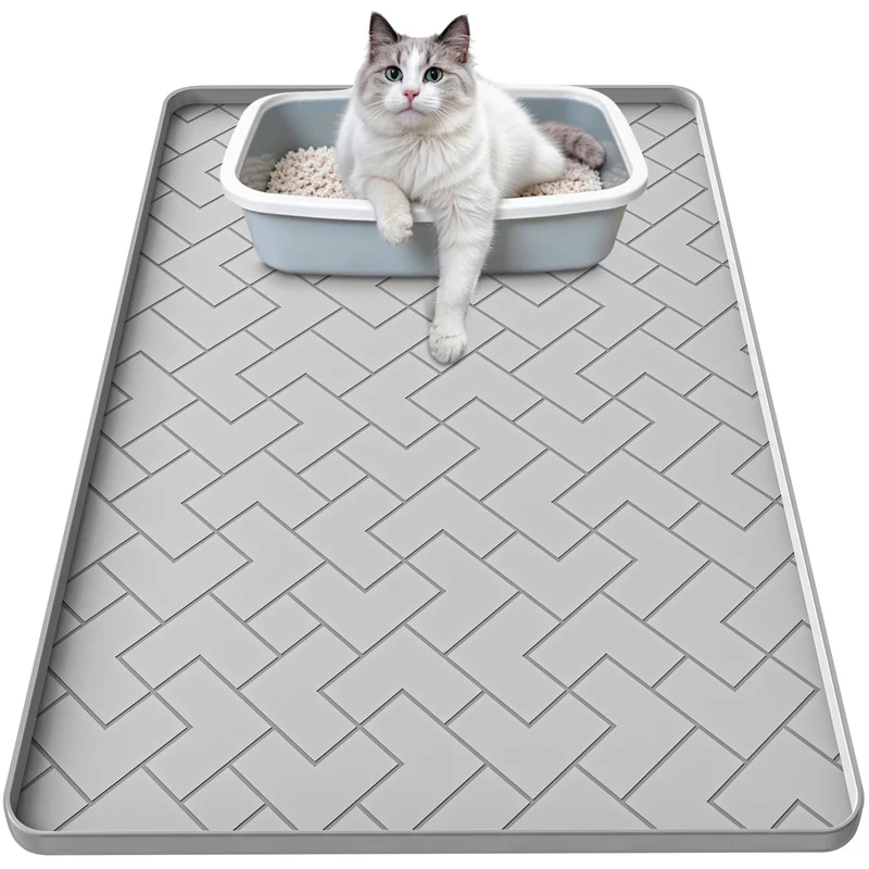 Tapis litière silicone pour chat Beenxmyy – Grand 34 x 22 po (gris) – Facile à nettoyer, étanche et antidérapant