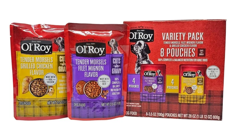 Ol' Roy Pack Variété Nourriture Humide pour Chien – Morceaux Tendres Filet Mignon et Poulet Grillé, 8 Sachets de 3,5 oz