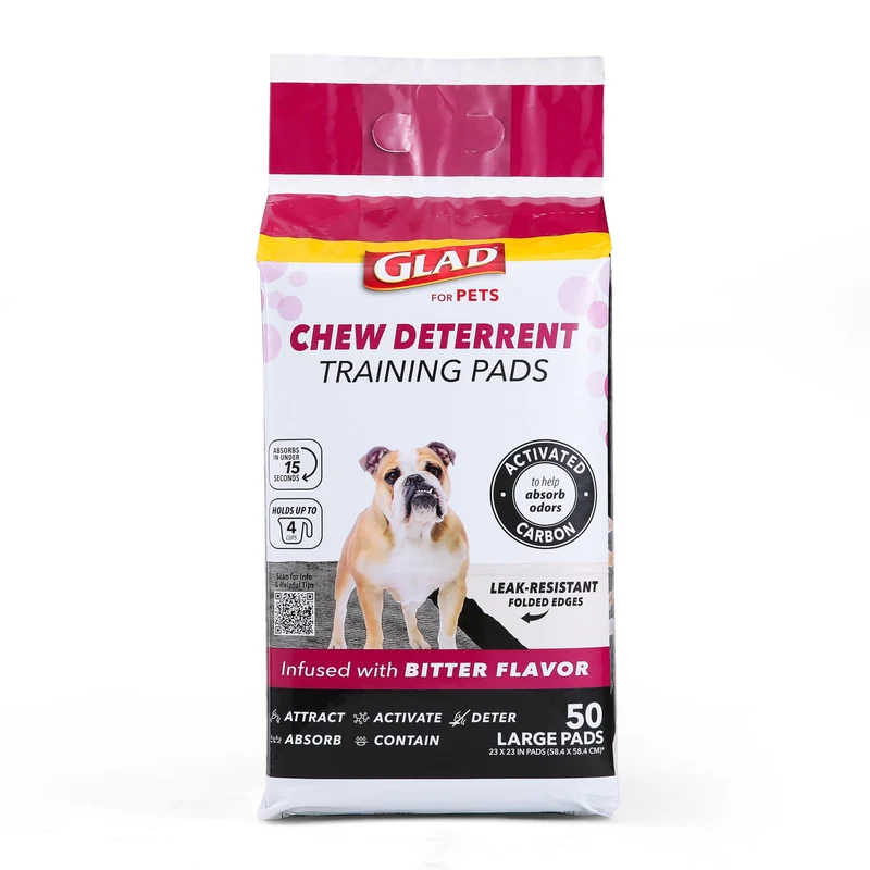 Glad Tapis d'entraînement pour chiots – Charbon actif, Dissuasion de la mastication, Contrôle des odeurs, 23 x 23 po, 6 couches, 50 pièces