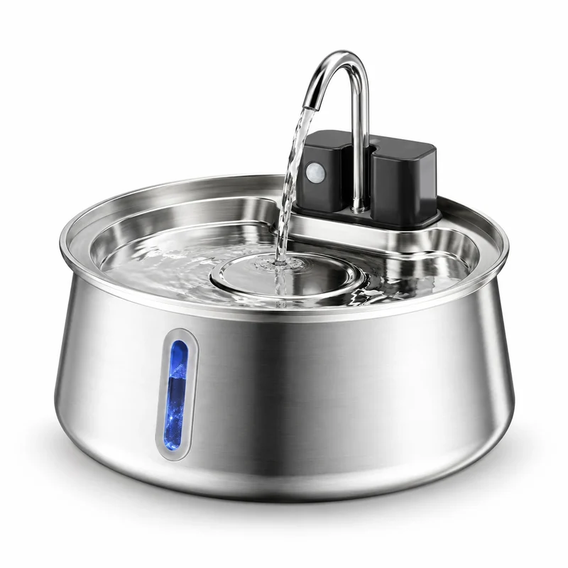 Fontaine à eau pour chat en inox sans fil - Ronde 3,2 L, bec robinet et hublot long