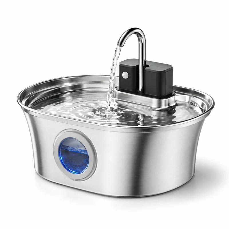 Fontaine à eau pour chat en inox sans fil - Ronde 3,2 L, bec robinet et hublot rond