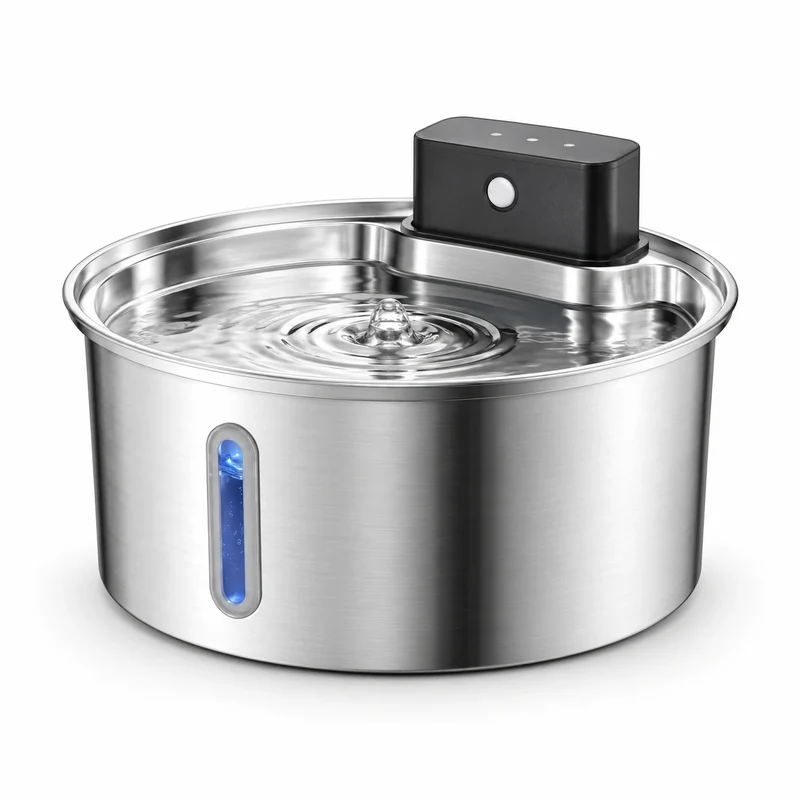 Fontaine à eau pour chat en inox sans fil - Ronde 3,2 L, capteur épurée