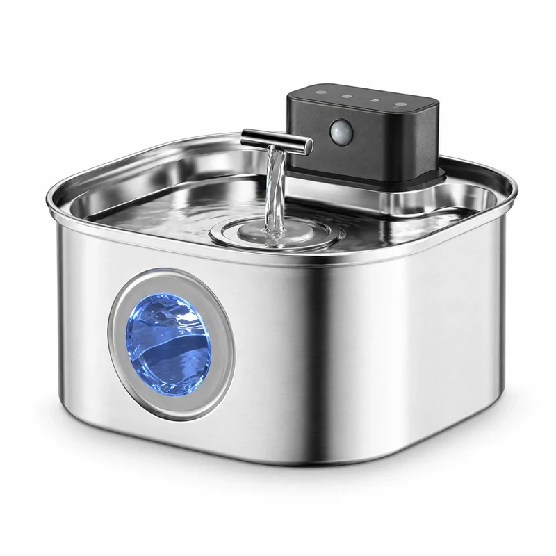 Fontaine à eau pour chat en inox sans fil - Carrée 3,2 L, hublot LED
