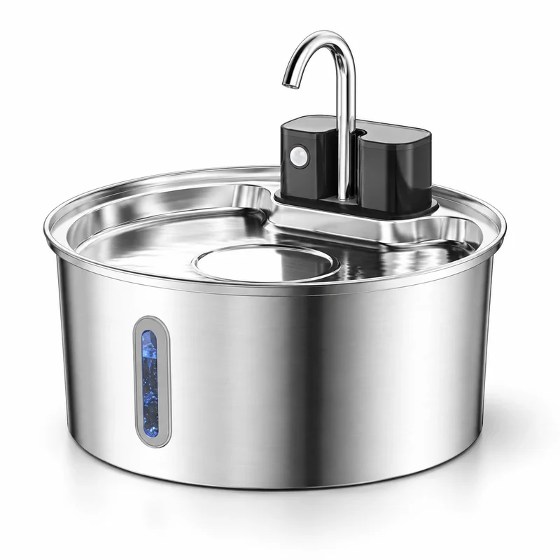 Fontaine à eau pour chat en inox sans fil - Ronde 7 L, bec robinet grande capacité