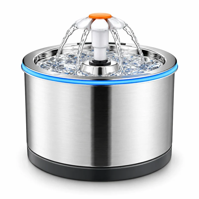 Fontaine à eau pour chat en inox - Ronde 3 L, fontaine fleur et anneau LED