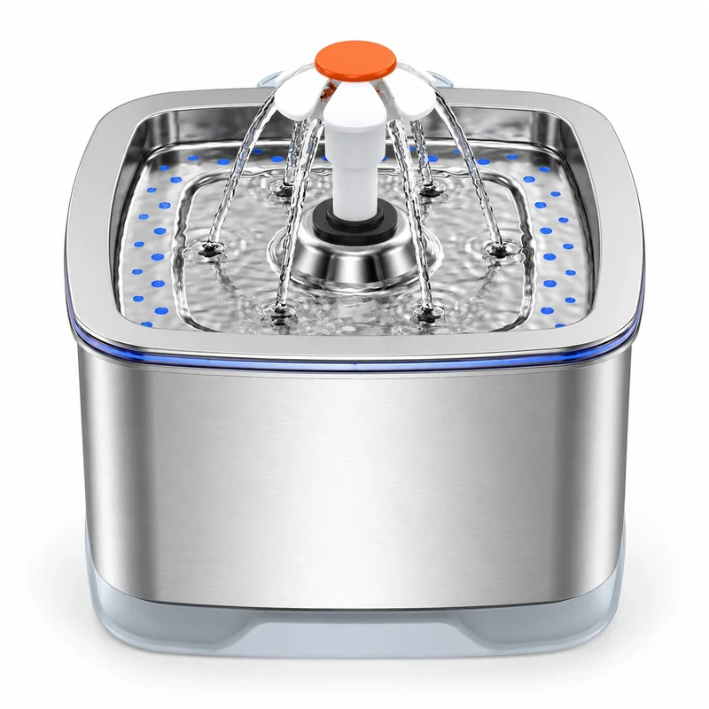 Fontaine à eau pour chat en inox - Carrée 2,5 L, fontaine fleur LED
