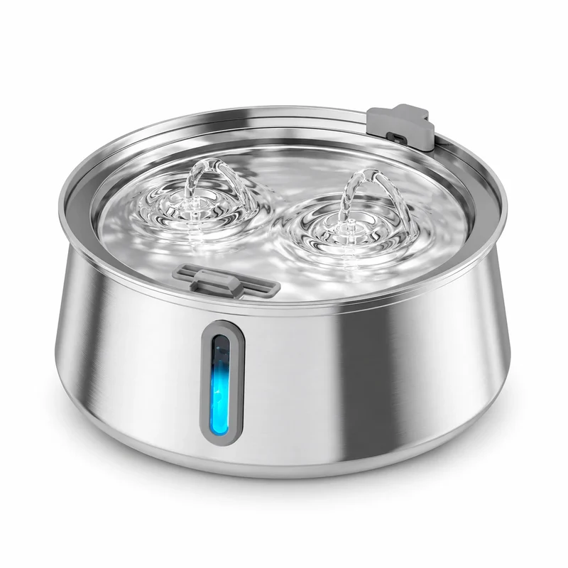 Fontaine à eau pour chat en inox - Ronde 3,2 L, double filet et hublot LED