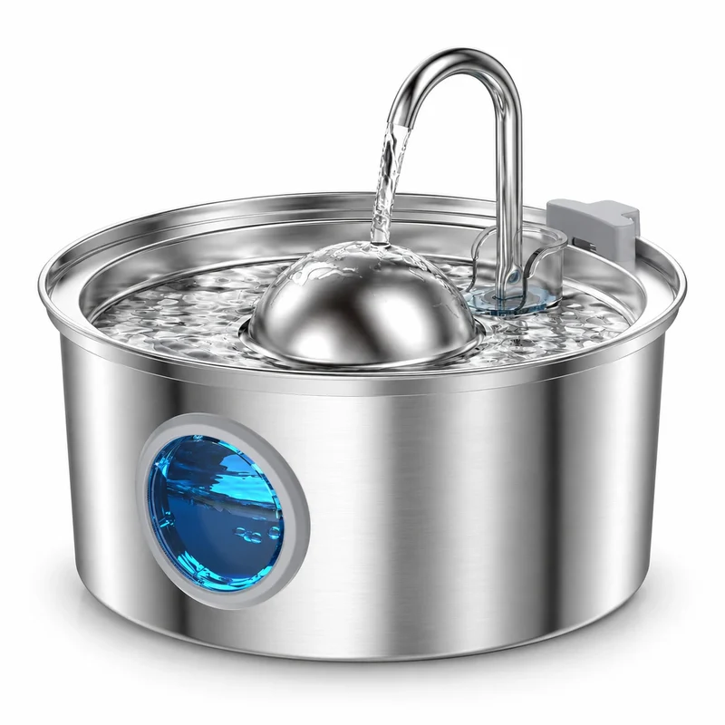 Fontaine à eau pour chat en inox - Ronde 3,2 L, bec robinet, dôme et hublot LED