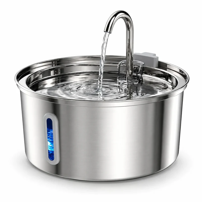 Fontaine à eau pour chat en inox - Ronde 3,2 L, bec robinet et hublot LED