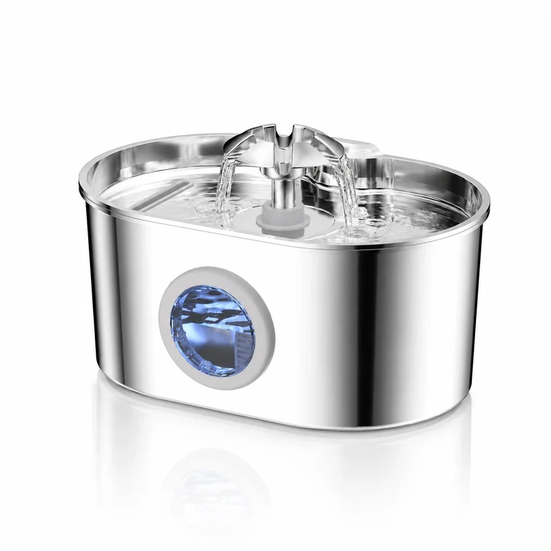Fontaine à eau pour chat en inox ovale - Cascade fleur à hublot LED 2,2 L, plusieurs filets