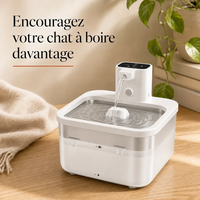 Fontaine à eau pour chat en inox blanc sans fil - DownyPaws 2,5 L, rechargeable et silencieuse