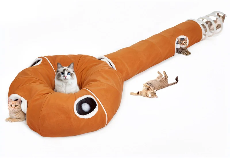 Ownpets Tunnel 2 en 1 pour chat – Forme sucette, tunnel rond et tube, peluche douce, cachette pliable (Orange)