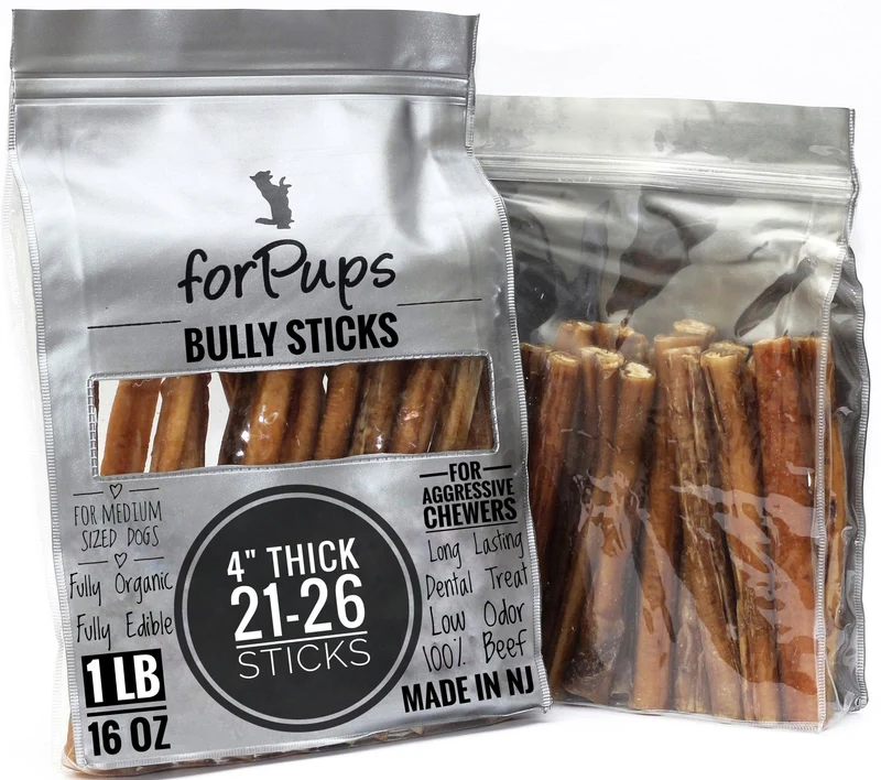 forPups Bâtonnets Bully Épais 3-4 pouces – 1 lb – Pour Chiens Moyens, Mâcheurs Agressifs, Bio et Digestibles