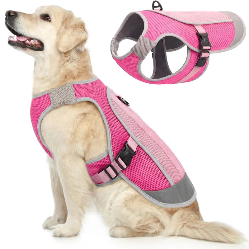 Kuoser Gilet Refroidissant pour Chiens – Harnais Léger en Maillage Respirant avec Bande Réfléchissante Rose XL