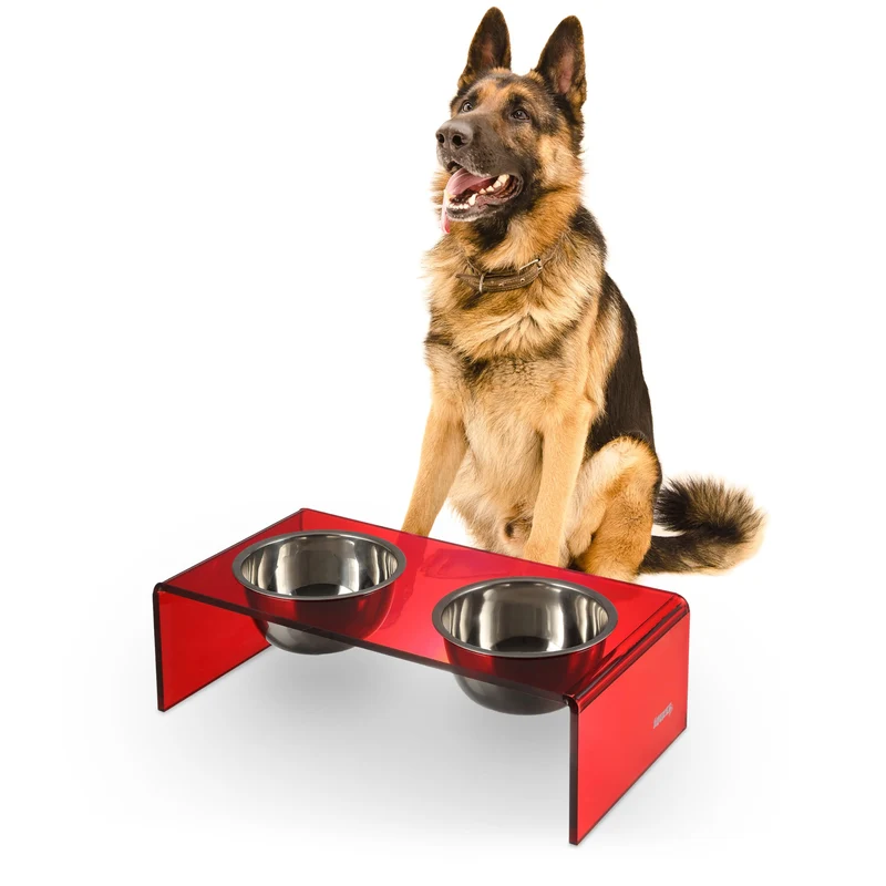 THE LICKER STORE Keaton DBL2001H – Mangeoire surélevée rectangulaire en acrylique rouge et bol inox, 2 x 54 oz