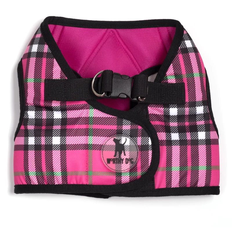 THE WORTHY DOG Harnais à Enfiler pour Chiens de Taille Moyenne – Mesh Confortable, Réfléchissant, Fermeture Velcro et Déverrouillage Rapide, Motif Carreaux Rose