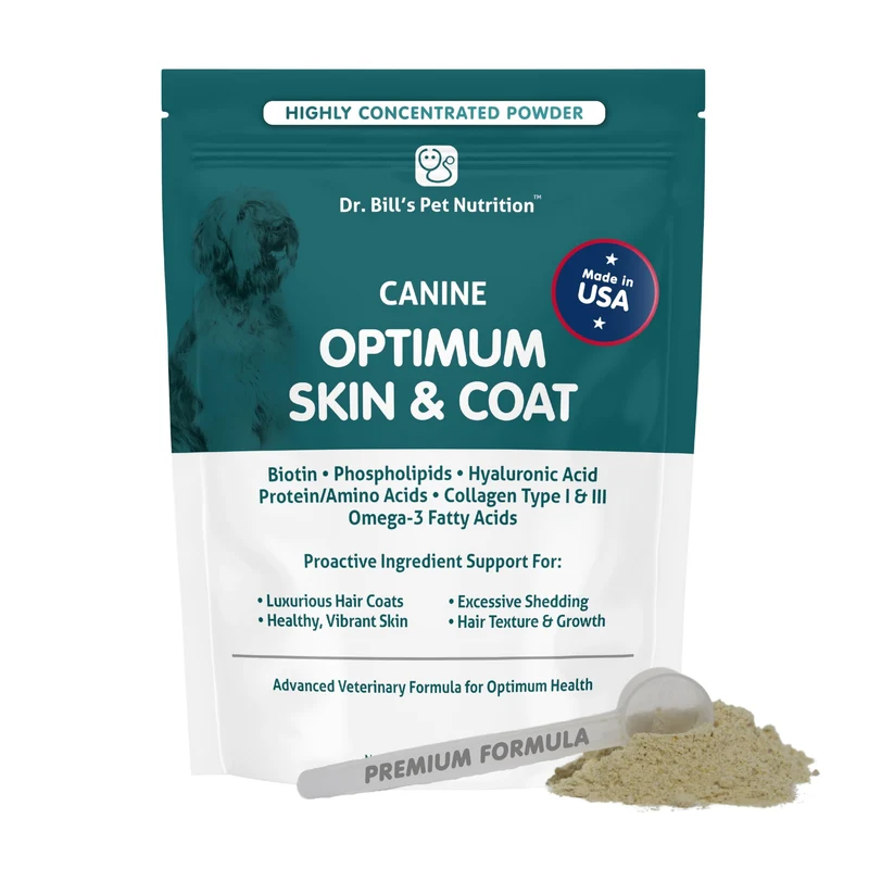 Dr. Bill's Optimum Peau & Pelage Canin – Aide potentielle à réduire la perte de poils et les démangeaisons – Oméga 3, Collagène, Biotine et Acide Hyaluronique – 340 g – Recommandé par les vétérinaires
