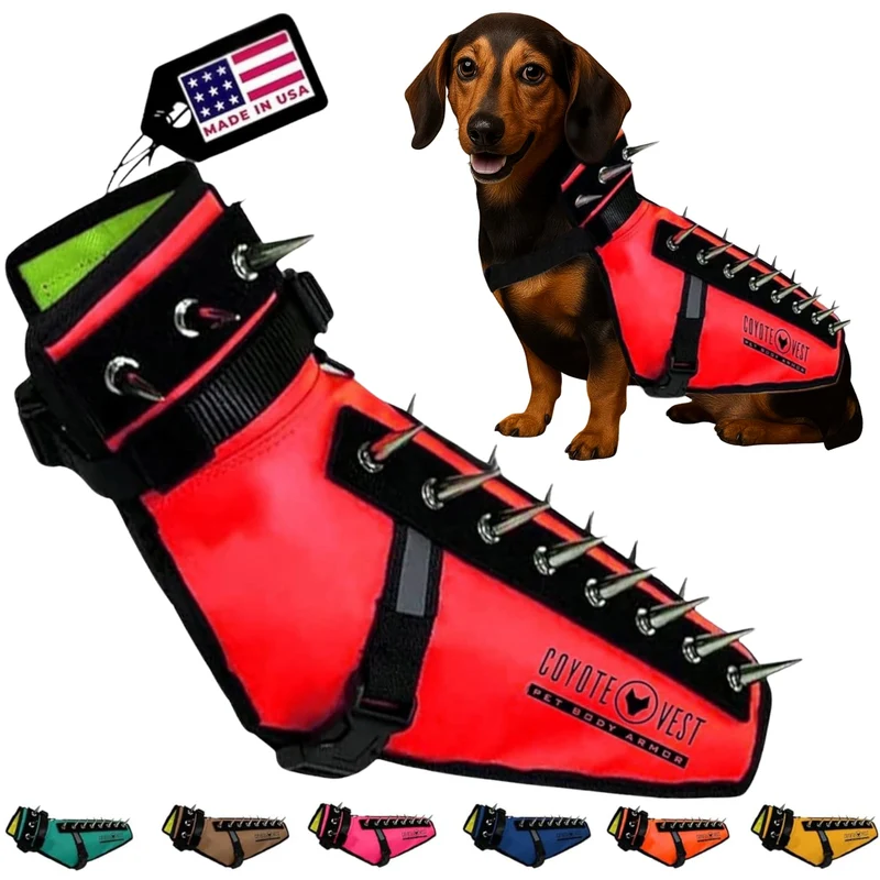 Harnais pour chien CoyoteVest – Protection avec pics, réfléchissant, fabriqué aux États-Unis – Taille XS, Rouge