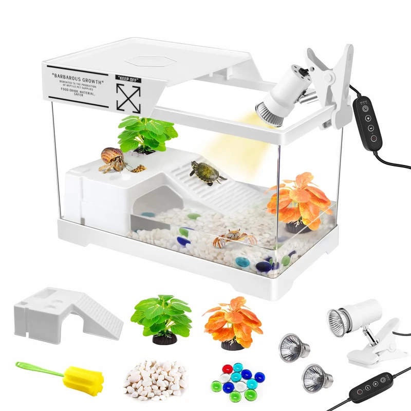 GOZILLA Mini Aquarium Tortue et Hermit Crab – Kit complet avec lampe ajustable et couvercle
