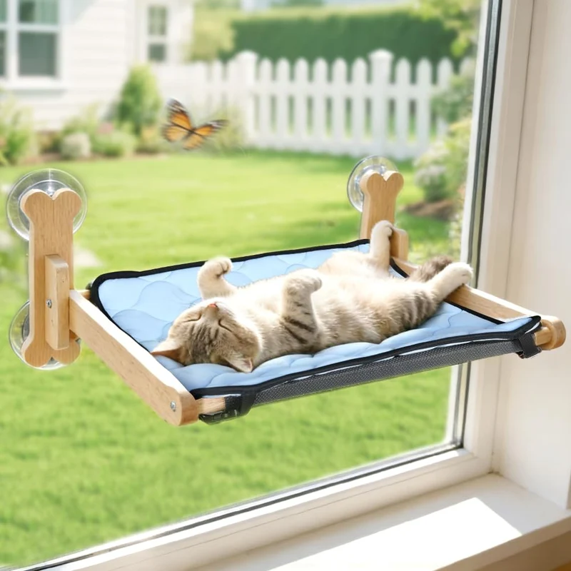 SZEE Cat Window Perch — Hamac de Fenêtre en Bois, Tissu Teslin et Coussin Double-face