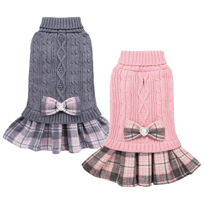 YUDODO – Ensemble de 2 Robes-Pulls pour Petit Chien avec Nœud et Col Roulé (Gris + Rose), Taille L