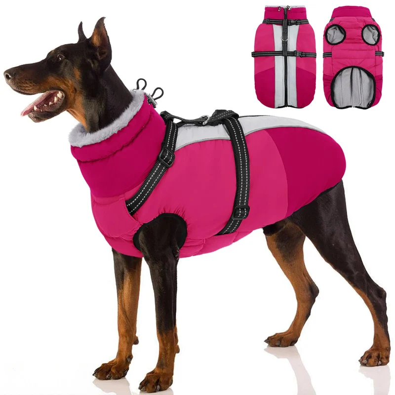 SUNFURA Manteau pour chien grand avec harnais intégré — imperméable, réfléchissant, rose XL
