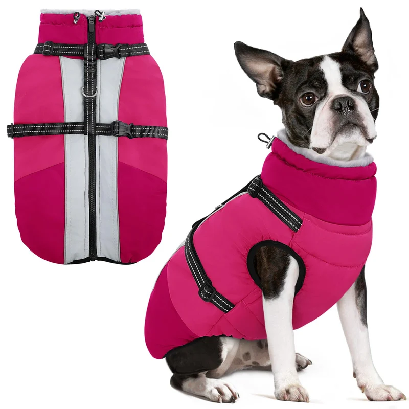 SUNFURA Manteau d'hiver pour chien avec harnais intégré — Doux polaire, bandes réfléchissantes, rose vif, taille M