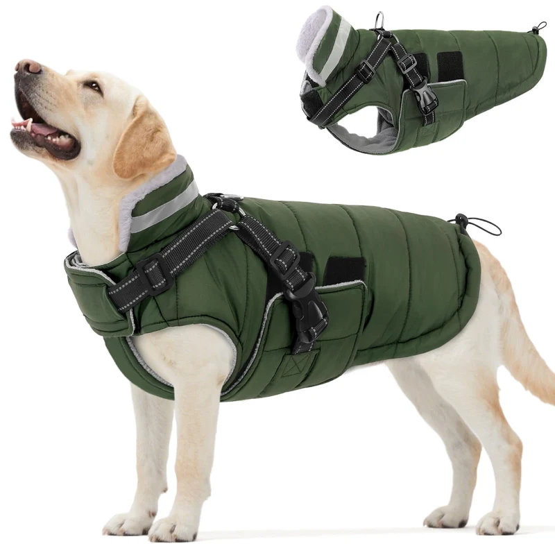Queenmore Manteau d’Hiver pour Chien XL avec Harnais Intégré – Imperméable, Puffer, Vert