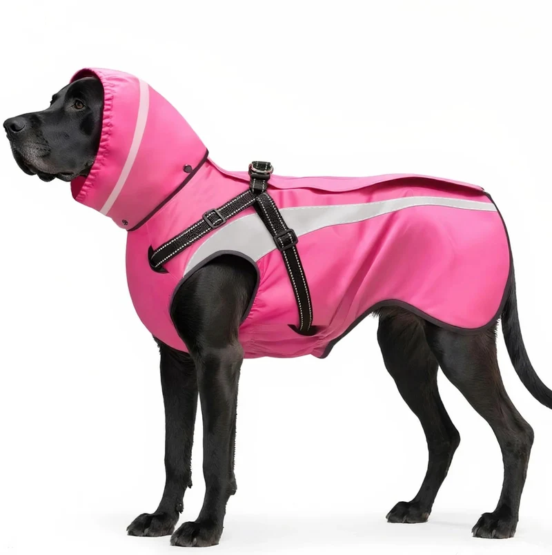 Mosucoirl Manteau Imperméable pour Chien - Capuche Réfléchissante, Harnais Intégré, Rose, Taille L (S-XXL)