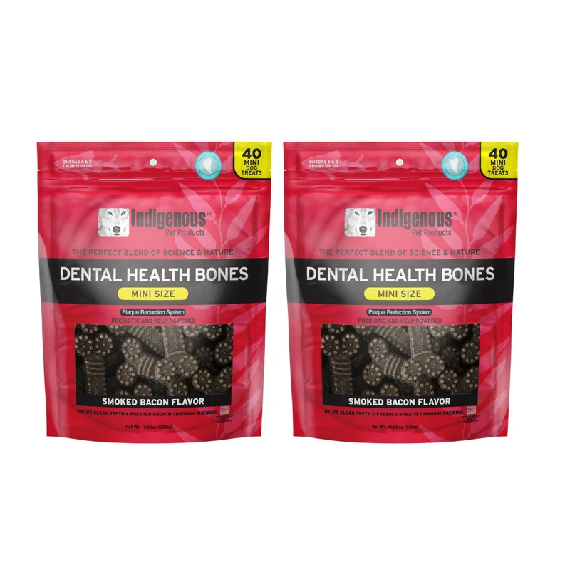 Indigenous Os Dentaires Mini – Bacon Fumé 2-Pack, Sans Cereales, Prebiotiques & Omega | Haleine Fraîche et Santé Digestive