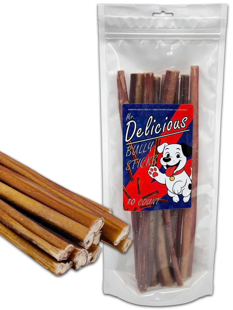 Mr. Delicious Bully Sticks pour Chiens – Pack 10, Longueur 12 pouces, Épaisseur Constante, 100% Naturel, Alimentés à l’Herbe, Sans Cuir, Ingrédient Unique