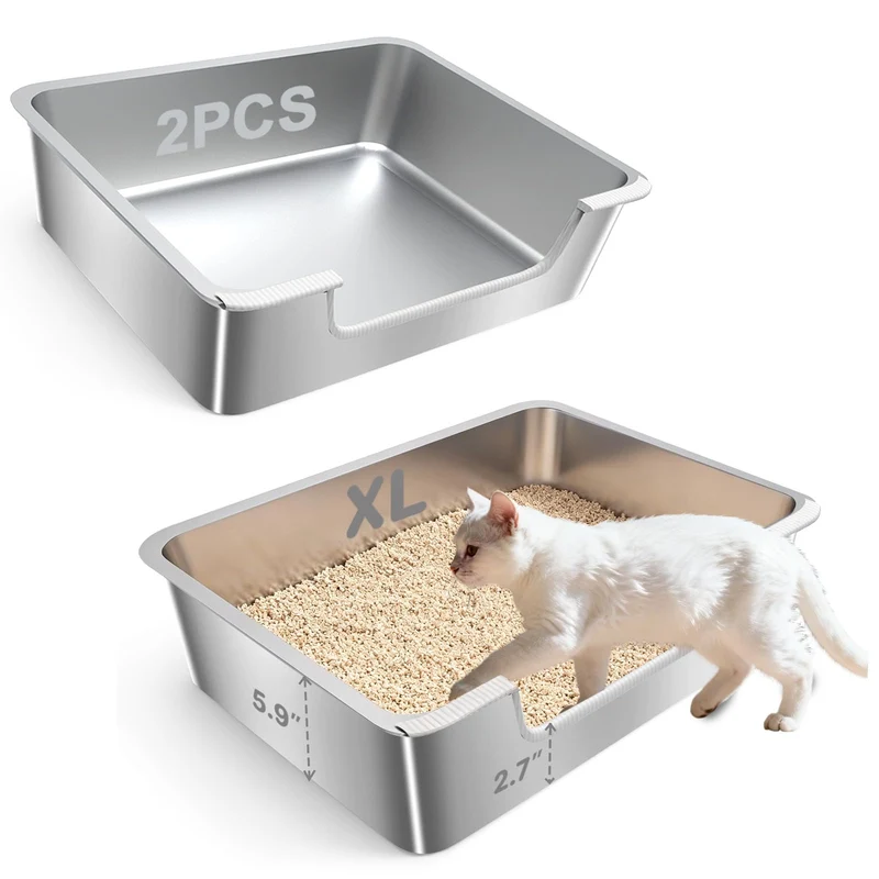 IXARO Lot de 2 Litières en Acier Inoxydable — Entrée Ultra-Basse 2,7 po pour Chats Âgés et Handicapés — Hauts Bords et Grand Modèle 23,6 x 15,7 x 5,9 po