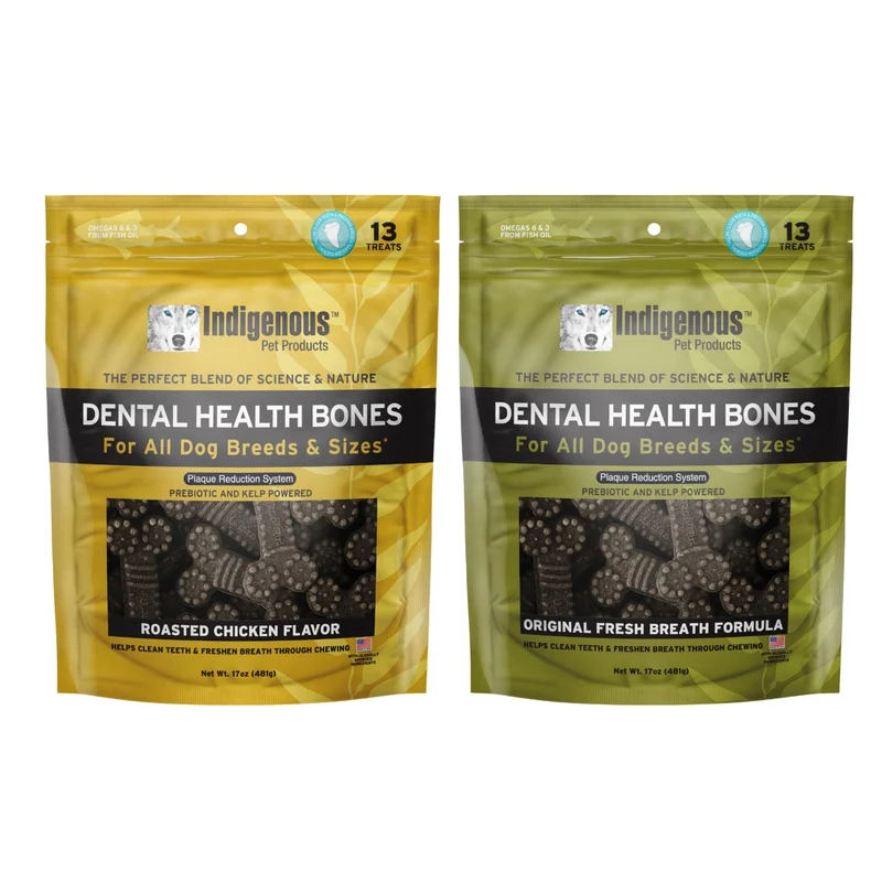 Indigenous Os Dentaires Santé – Pack 2 Poulet & Original (17 oz) | Friandises Sans Céréales avec Prébiotiques et Oméga