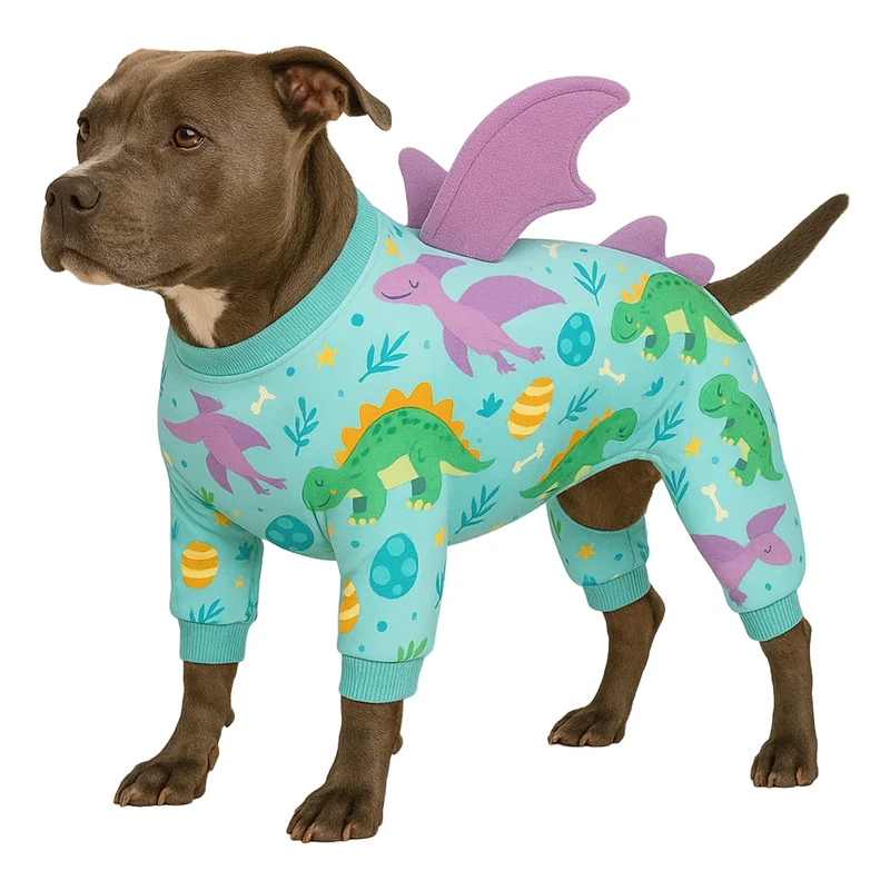 LovinPet Pyjama Chien Grand Pattes - Combinaison Quatre-Pattes, Protection UV Léger, Récupération Post-Op, Design Dino Ailes Bleue-Violet, 3XL