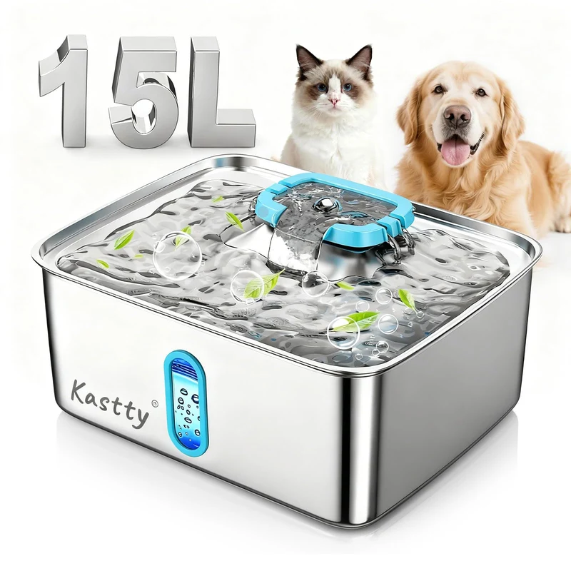 Kastty Fontaine d'Eau pour Chien 15L – Grande Capacité, Filtration 5 Couches, Pompe Silencieuse, LED Bleu