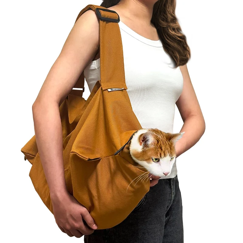 AmKune Sac Porte-Chat Moyen 10–20 lb – Poche coton Doux, Sangle Ajustable – Caramel