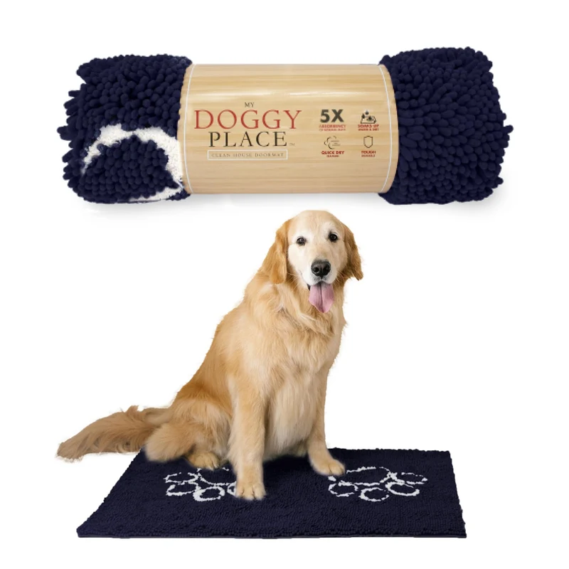 My Doggy Place Tapis Microfibre pour Pattes Boueuses – 36 x 26 pouces, Bleu Nuit avec Patte, Absorbant, Séchage Rapide, Lavable