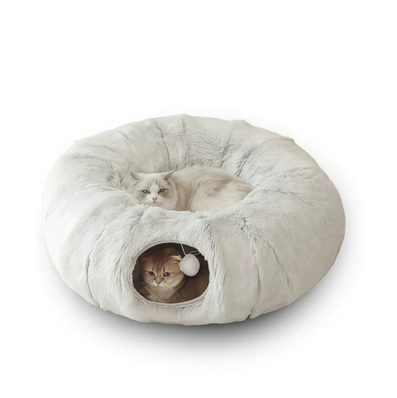 Lit-tunnel pour chat Generic — Couchage pliable en peluche, gris 85 cm avec jouets suspendus