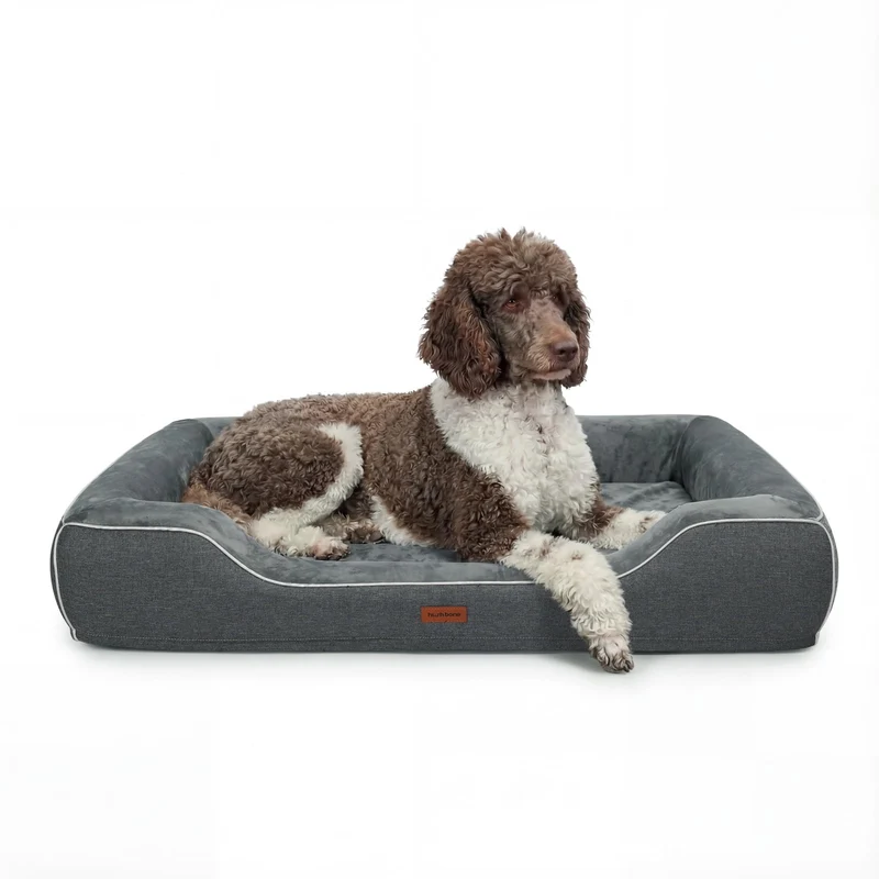 Hush Bone — Lit orthopédique pour grands chiens | Gel refroidissant, mousse œuf‑crête, housse lavable et imperméable, 42x30x9