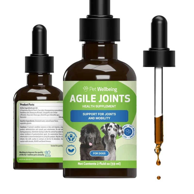 Pet Wellbeing Agile Joints pour Chiens – Mobilité et Santé des Articulations, Formulé par des Vétérinaires, 2 oz (59 ml)