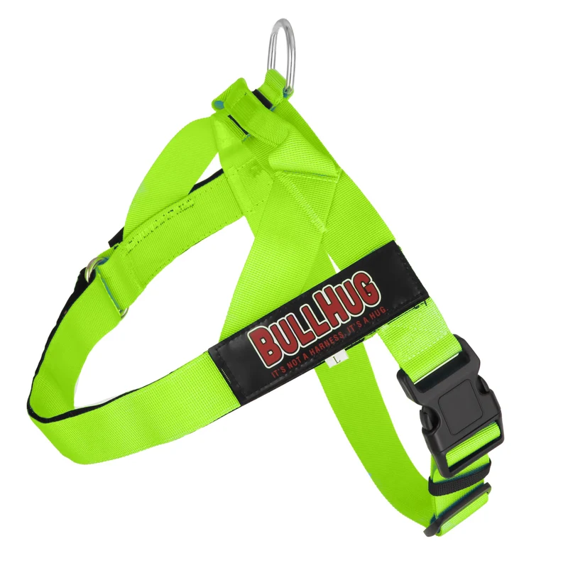 Harnais BullHug Ajustable pour Chien – Sans Tirage, Sans Étranglement – Bouledogues et Pugs – Vert Néon XL