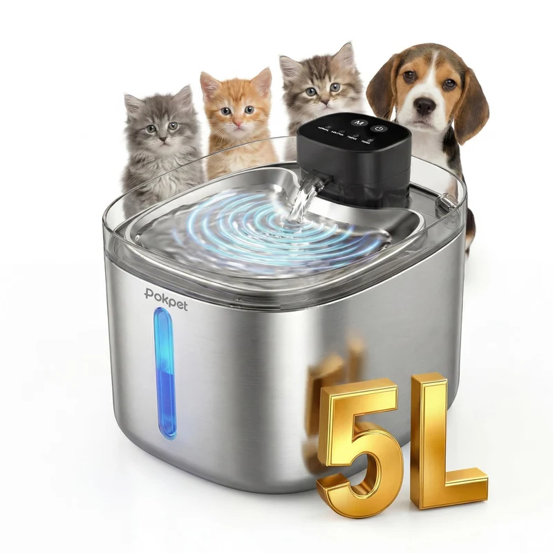 Pokpet Fontaine d'Eau Sans Fil 5L en Acier Inoxydable pour Chats et Chiens – 1 Filtre