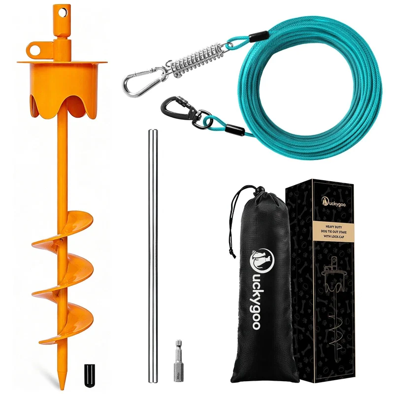 Duckygoo – Câble d’attache et piquet pour chien avec verrou-cap, ultra-résistant, 30 pieds, jusqu’à 350 lb – Orange