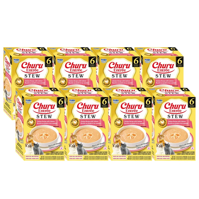 INABA Churu Entrée Stew pour Chats – Haute Protéine & Hydratation, Sachets 1,76 oz, 48 Poches, Saveur Poulet et Saumon