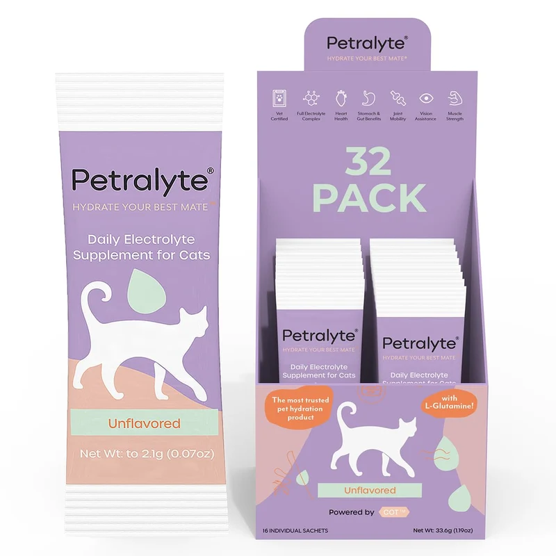 Petralyte Chat – Électrolytes et Supplément Articulations | Hydratation et Taurine, Glucosamine, Prébiotiques | Sans parfum | 32 sachets