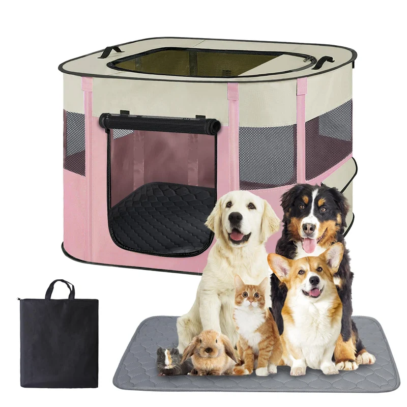 Xihan Parc Rectangulaire Pliable pour Chien et Chat – Tapis Étanche et Respirant (Rose)