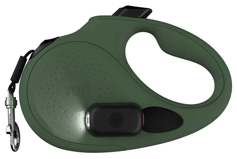 TUG Oval 360° Laisse Rétractable Anti-Enchevêtrement | Lampe USB-C Incluse | Poche Distributeur Sacs Intégrée (Moyenne, Verte)
