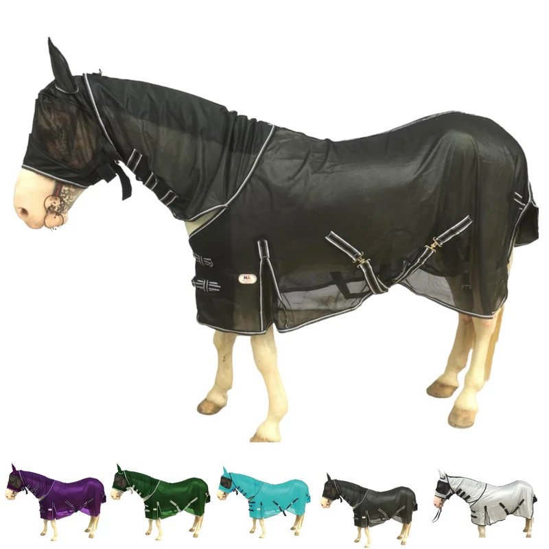 Majestic Ally Nappe anti-mouches pour cheval avec couvre-cou et masque – respirante, UV et piqûres, sangles ajustables (Noir, 183 cm)