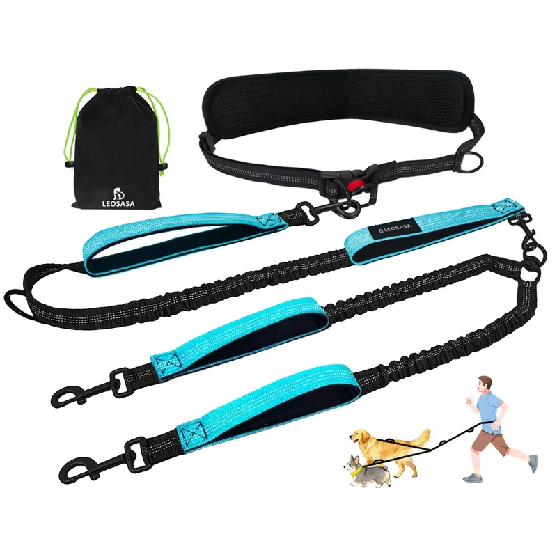 LEOSASA Laisse Double Mains Libres pour Deux Chiens – Sans Enchevêtrement, Ceinture Taille Rembourrée et Couture Réfléchissante